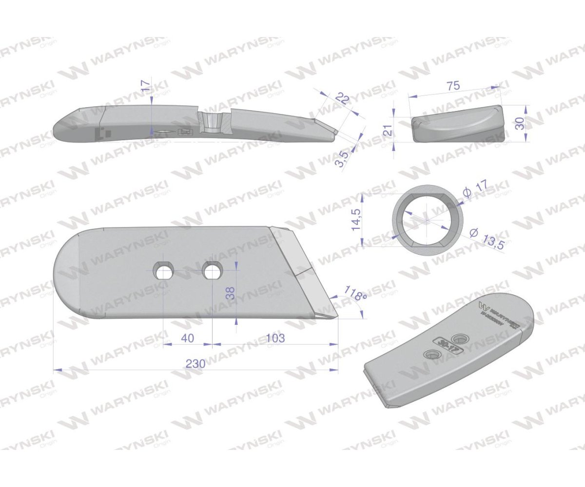 Dłuto. nakładka lemiesza lewa zastosowanie Kverneland z węglikiem wolframu WARYŃSKI MAXX