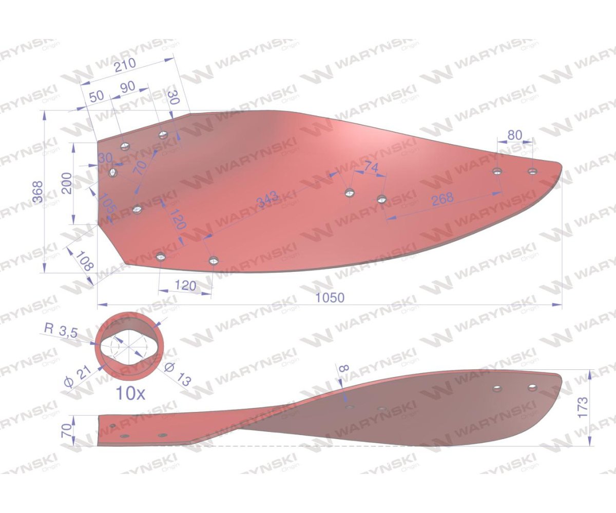 Skrzydło odkładni prawe 14-16" korpus nr.3 zastosowanie Kverneland stal borowa WARYŃSKI