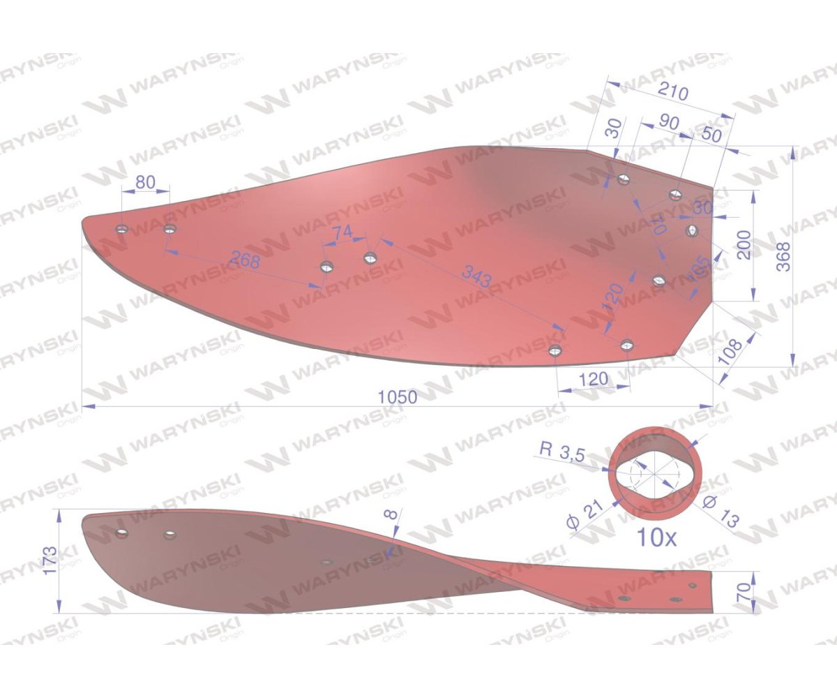 Skrzydło odkładni lewe 14-16" korpus nr.3 zastosowanie Kverneland stal borowa WARYŃSKI