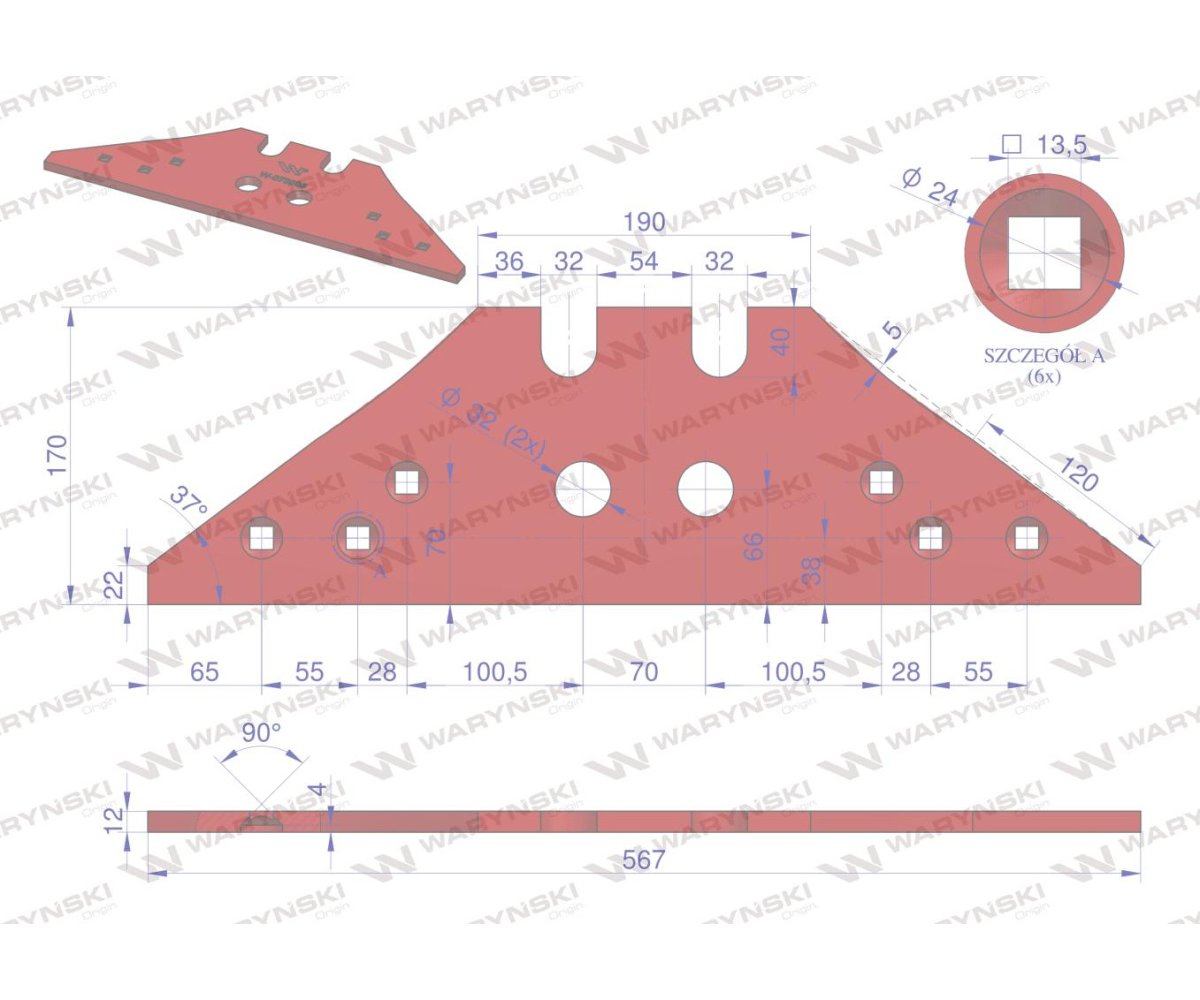 Płoza krótka obracalna P&L otwory zamkowe zastosowanie Kverneland stal borowa Waryński