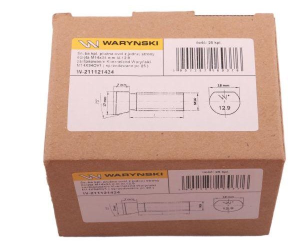 Śruba kpl. płużna oval z jednej strony ścięta M14x34 mm kl.12.9 zastosowanie Kverneland Waryński M14X34OV1 ( sprzedawane po 25 )