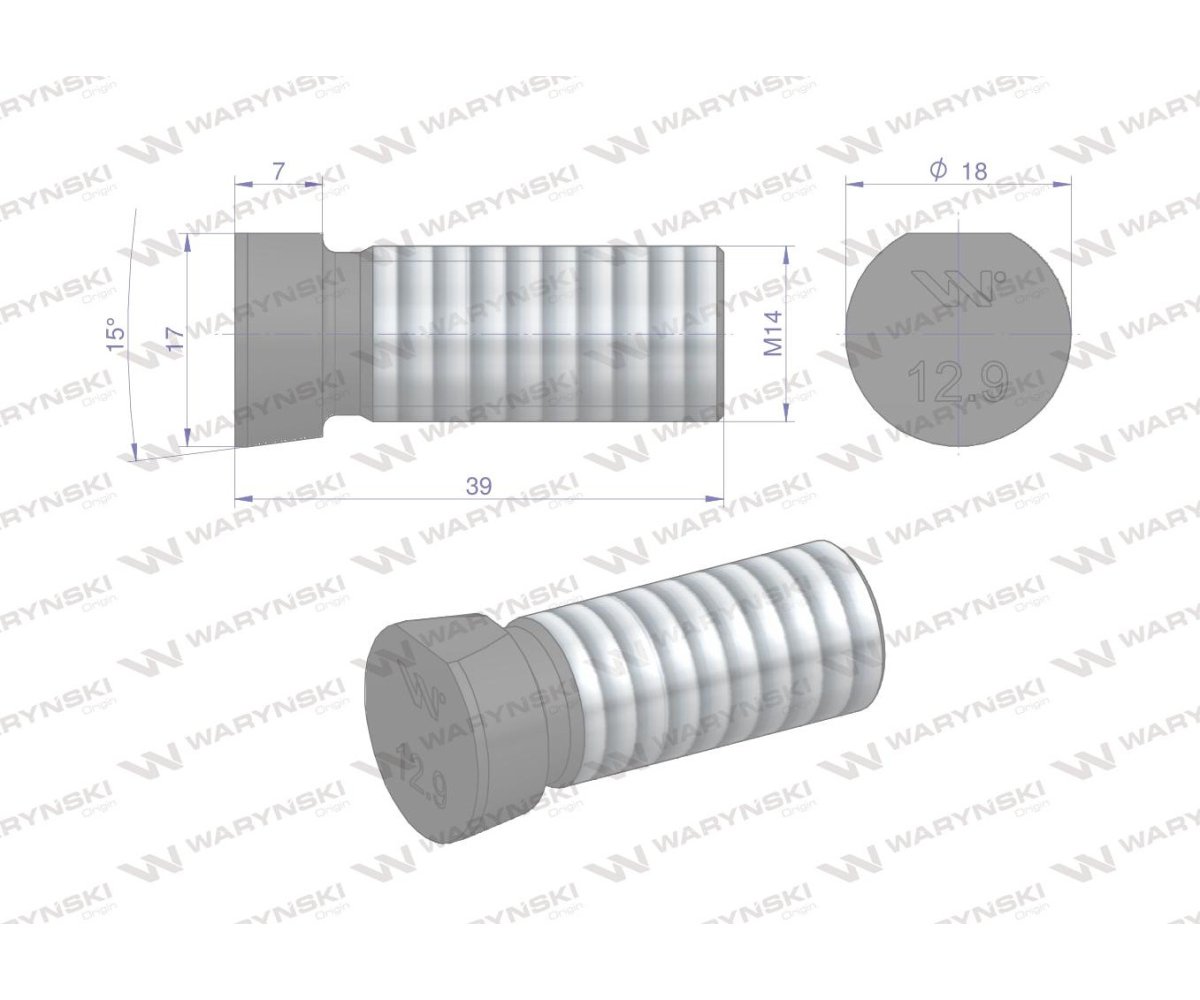Śruba kpl. płużna oval z jednej strony ścięta M14x39 mm kl.12.9 zastosowanie Kverneland Waryński M14X39OV1 ( sprzedawane po 25 )