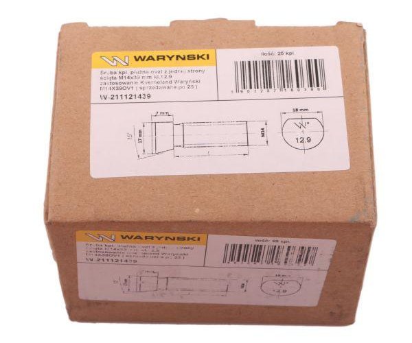 Śruba kpl. płużna oval z jednej strony ścięta M14x39 mm kl.12.9 zastosowanie Kverneland Waryński M14X39OV1 ( sprzedawane po 25 )