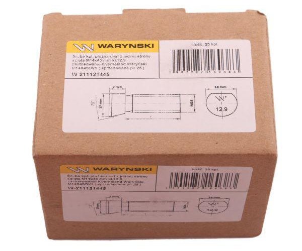 Śruba kpl. płużna oval z jednej strony ścięta M14x45 mm kl.12.9 zastosowanie Kverneland Waryński M14X45OV1 ( sprzedawane po 25 )