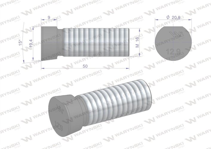Śruba kpl. płużna oval z jednej strony ścięta M16x50 mm kl.12.9 zastosowanie Kverneland Waryński M16X50OV1 ( sprzedawane po 10 )