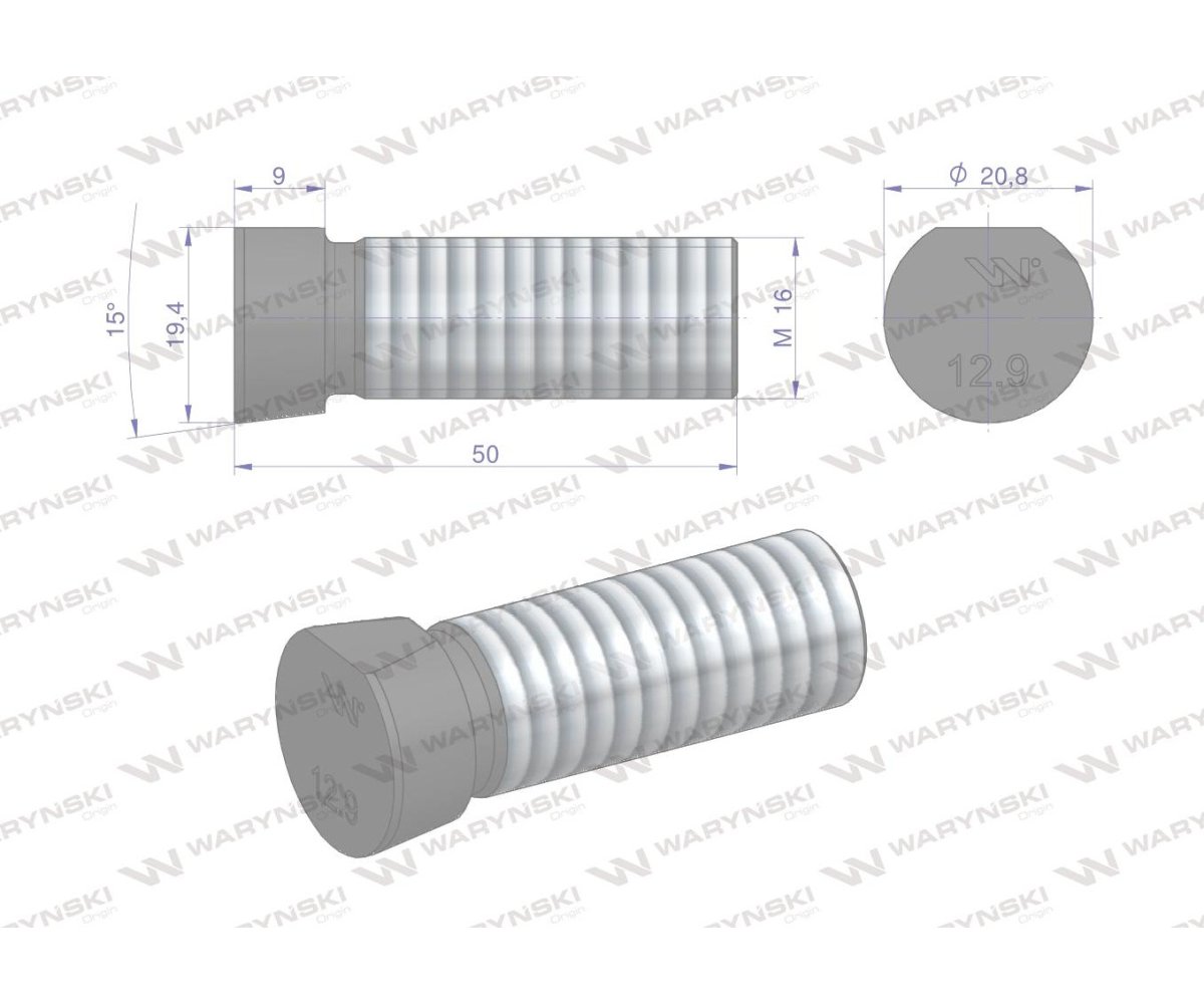Śruba kpl. płużna oval z jednej strony ścięta M16x50 mm kl.12.9 zastosowanie Kverneland Waryński M16X50OV1 ( sprzedawane po 10 )