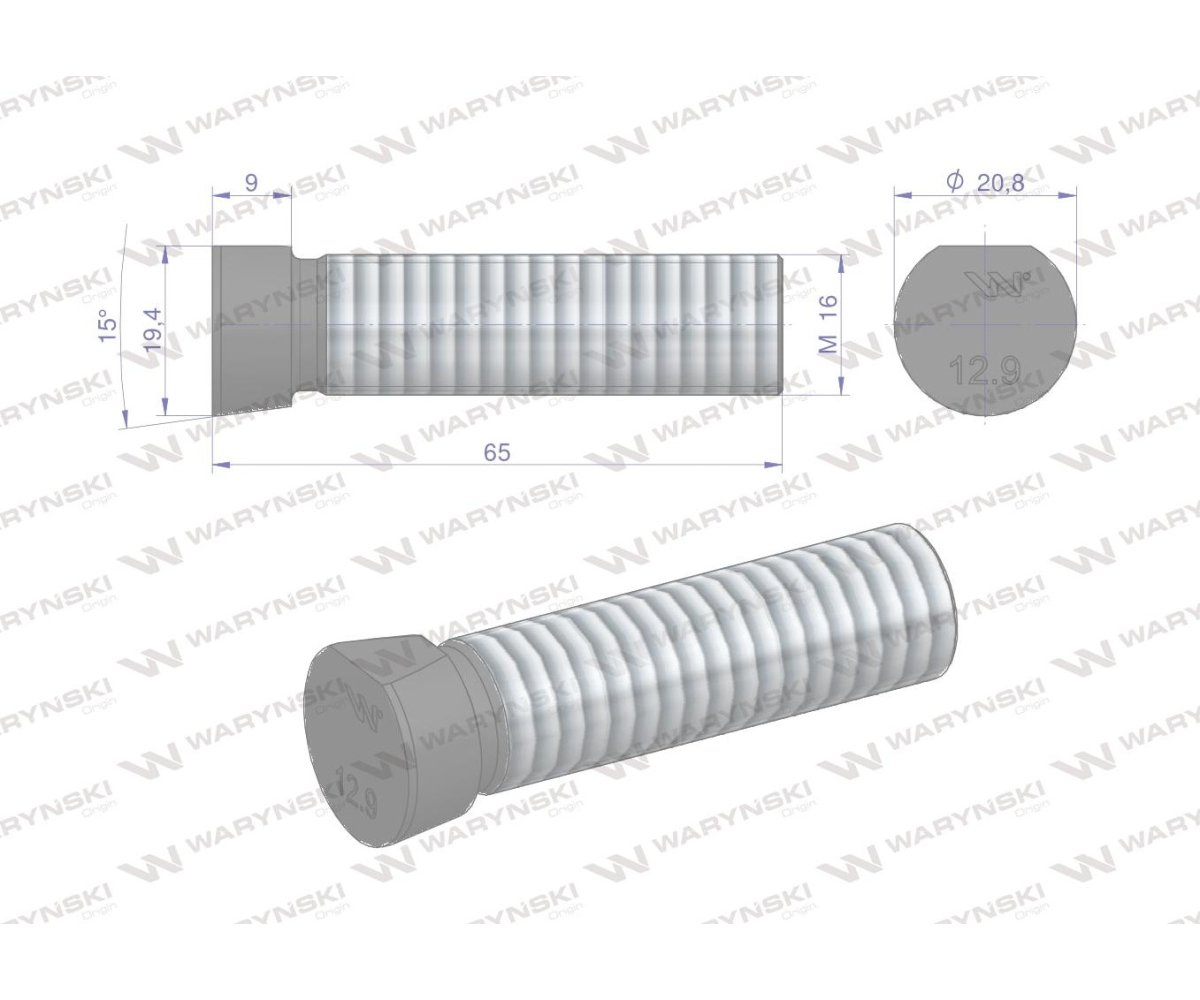 Śruba kpl. płużna oval z jednej strony ścięta M16x65 mm kl.12.9 zastosowanie Kverneland Waryński M16X65OV1 ( sprzedawane po 10 )
