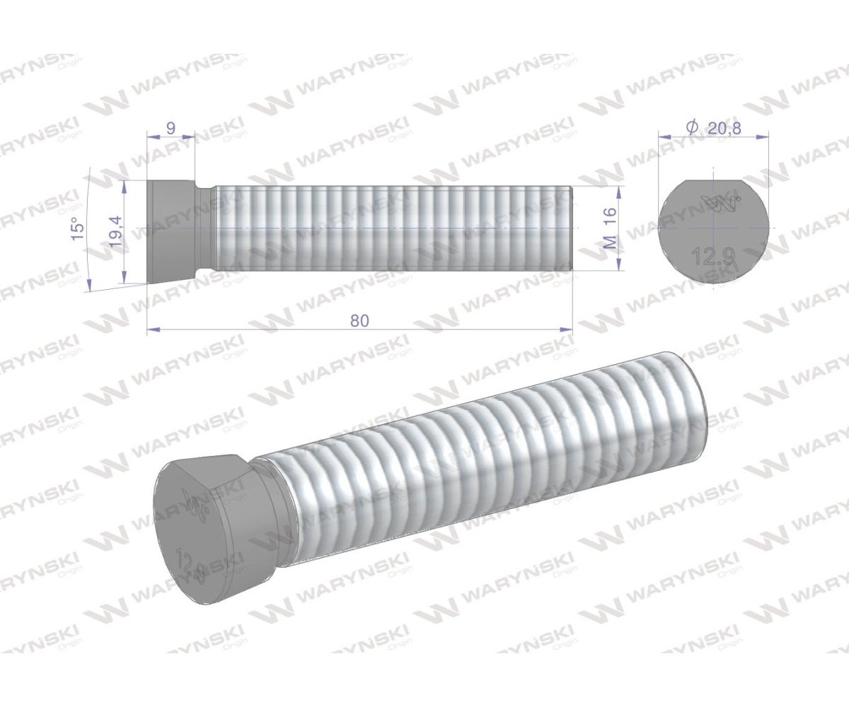 Śruba kpl. płużna oval z jednej strony ścięta M16x80 mm kl.12.9 zastosowanie Kverneland Waryński M16X80OV1 ( sprzedawane po 10 )