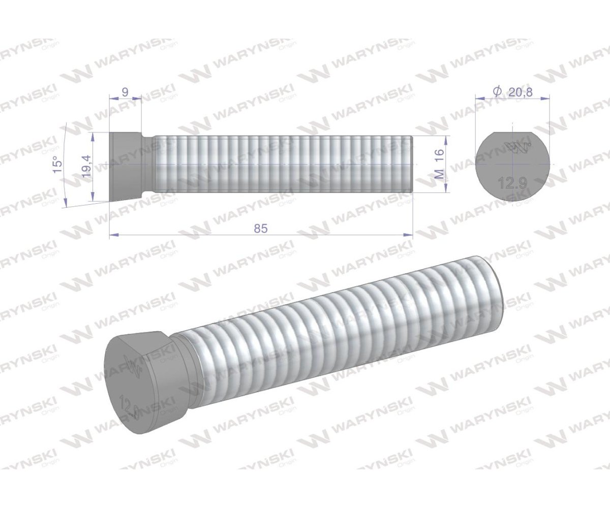 Śruba kpl. płużna oval z jednej strony ścięta M16x85 mm kl.12.9 zastosowanie Kverneland Waryński M16X85OV1 ( sprzedawane po 10 )