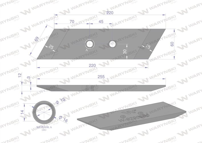 Dłuto. nakładka lemiesza prawe dwuotworowe zastosowanie KRONE 9290990 Pług stal borowa WARYŃSKI