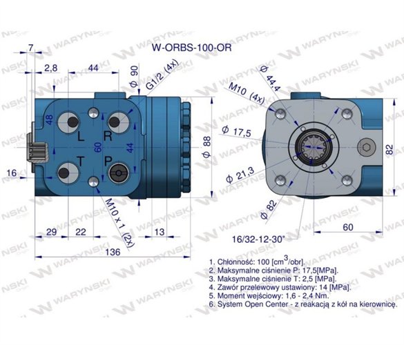 Orbitrol hydrauliczny W-ORBS-OR 100 cm3/obr z zaworami (System Open Center - z reakcją z kół na kierownicę) Waryński