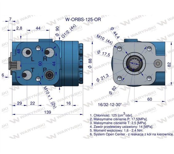 Orbitrol hydrauliczny W-ORBS-OR 125 cm3/obr z zaworami (System Open Center - z reakcją z kół na kierownicę) Waryński