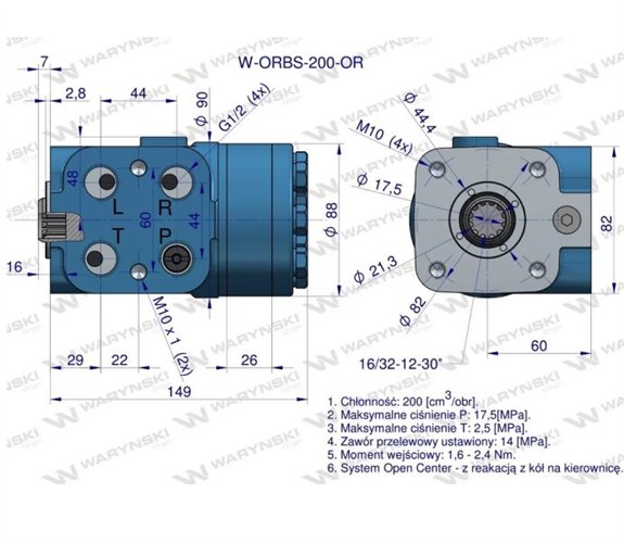 Orbitrol hydrauliczny W-ORBS-OR 200 cm3/obr z zaworami (System Open Center - z reakcją z kół na kierownicę) Waryński