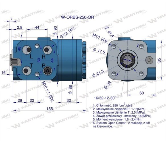 Orbitrol hydrauliczny W-ORBS-OR 315 cm3/obr z zaworami (System Open Center - z reakcją z kół na kierownicę) Waryński