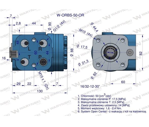 Orbitrol hydrauliczny W-ORBS-OR 50 cm3/obr z zaworami (System Open Center - z reakcją z kół na kierownicę) Waryński