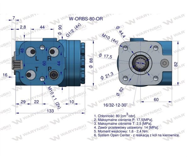 Orbitrol hydrauliczny W-ORBS-OR 80 cm3/obr z zaworami (System Open Center - z reakcją z kół na kierownicę) Waryński