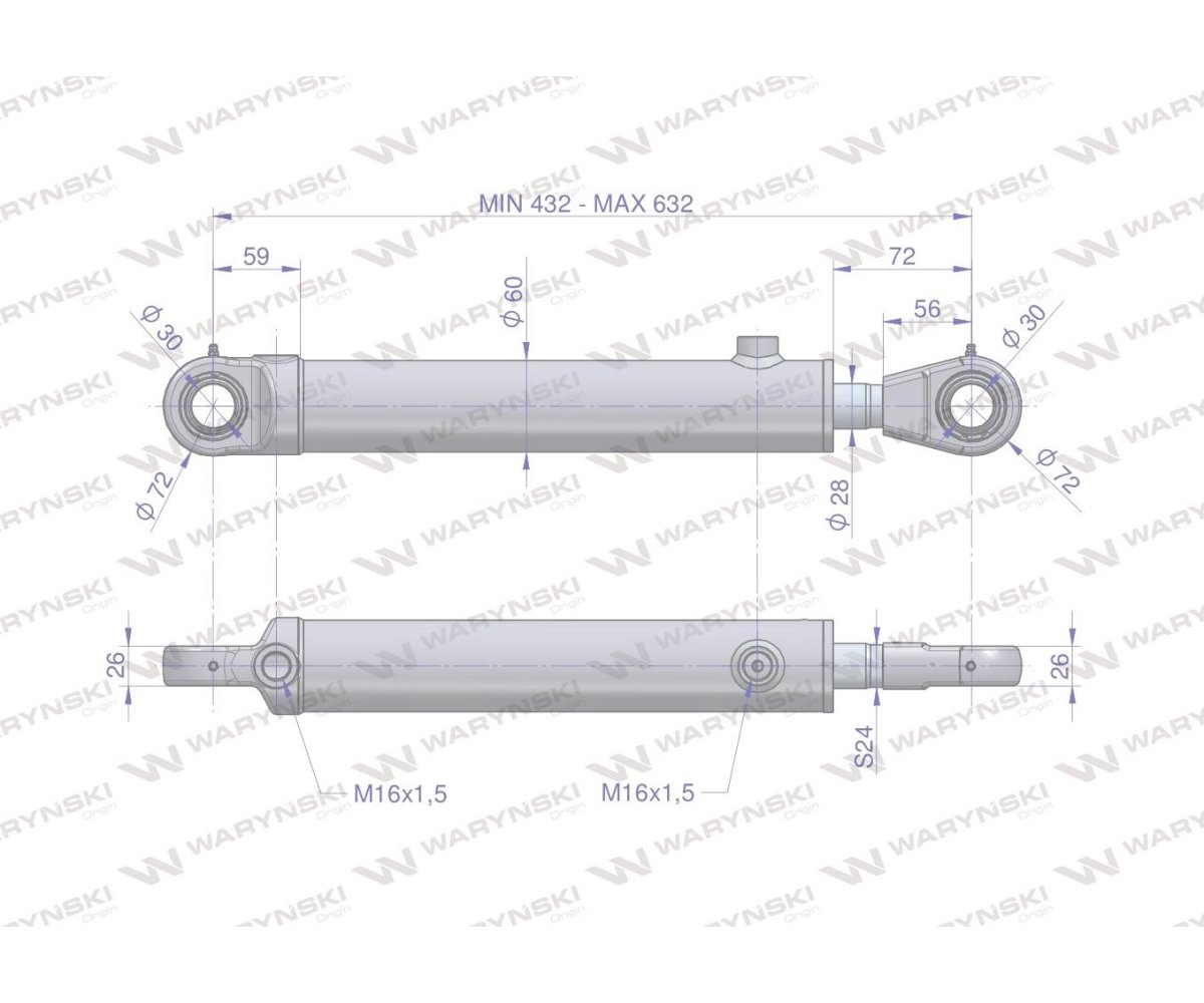 Cylinder hydrauliczny - siłownik dwustronny wspomagania CJF-50/28/200Z (sworzeń 30mm) Bizon Waryński