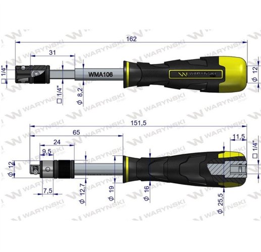 Uchwyt ręczny do końcówek wkrętakowych z końcówką do nasadek 1/4 Waryński