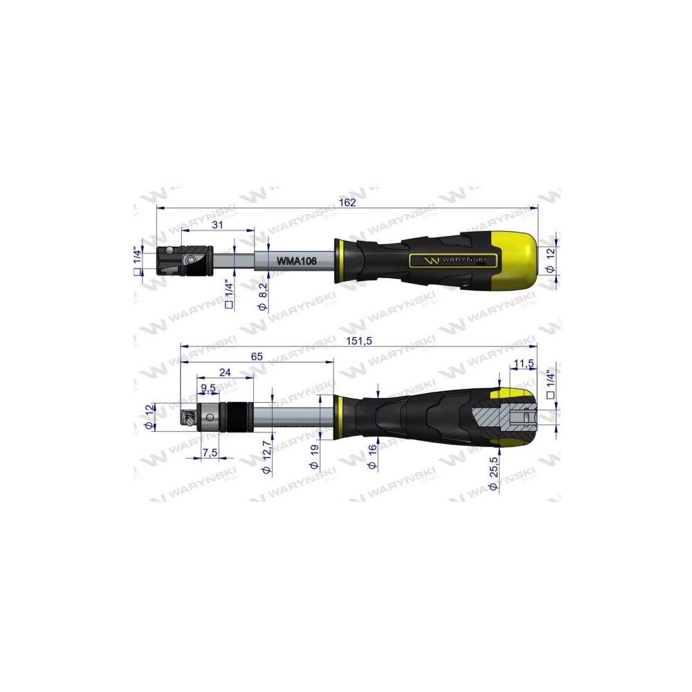 Uchwyt ręczny do końcówek wkrętakowych z końcówką do nasadek 1/4 Waryński