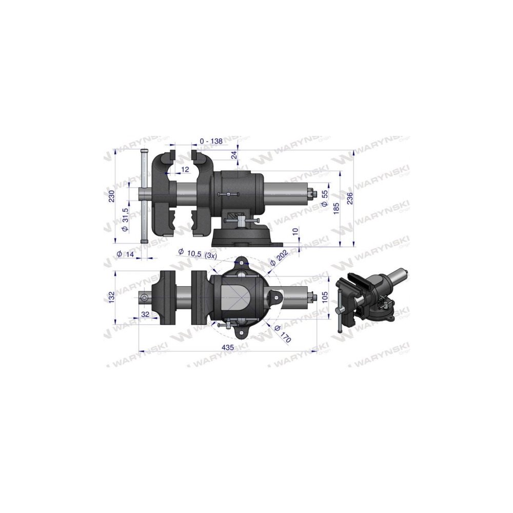 Imadło ślusarskie z żeliwa sferoidalnego obrotowe z obracanym jarzmem 125 mm Waryński