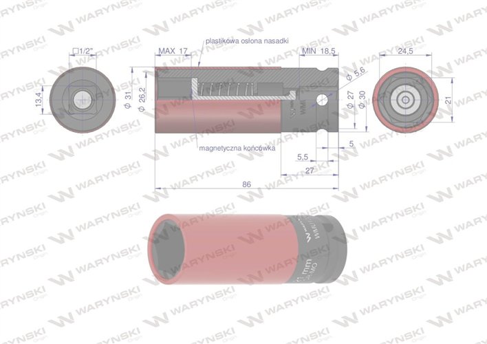 Nasadka udarowa 1/2 z magnesem do felg aluminiowych. 21mm. Waryński