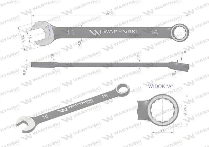 Klucz płasko-oczkowy 16 mm. CrV standard ASME B107-2010 Waryński