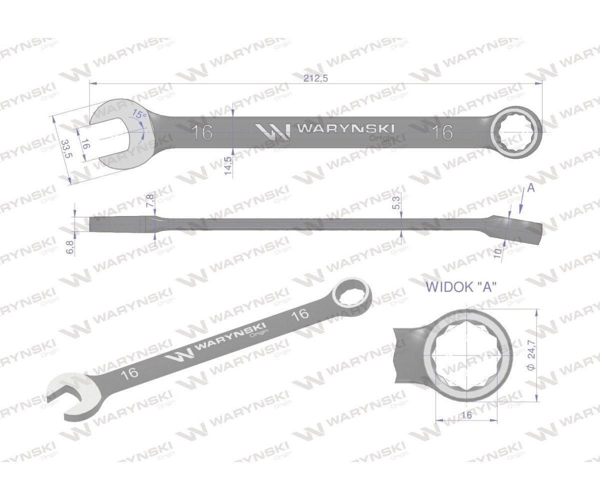 Klucz płasko-oczkowy 16 mm. CrV standard ASME B107-2010 Waryński