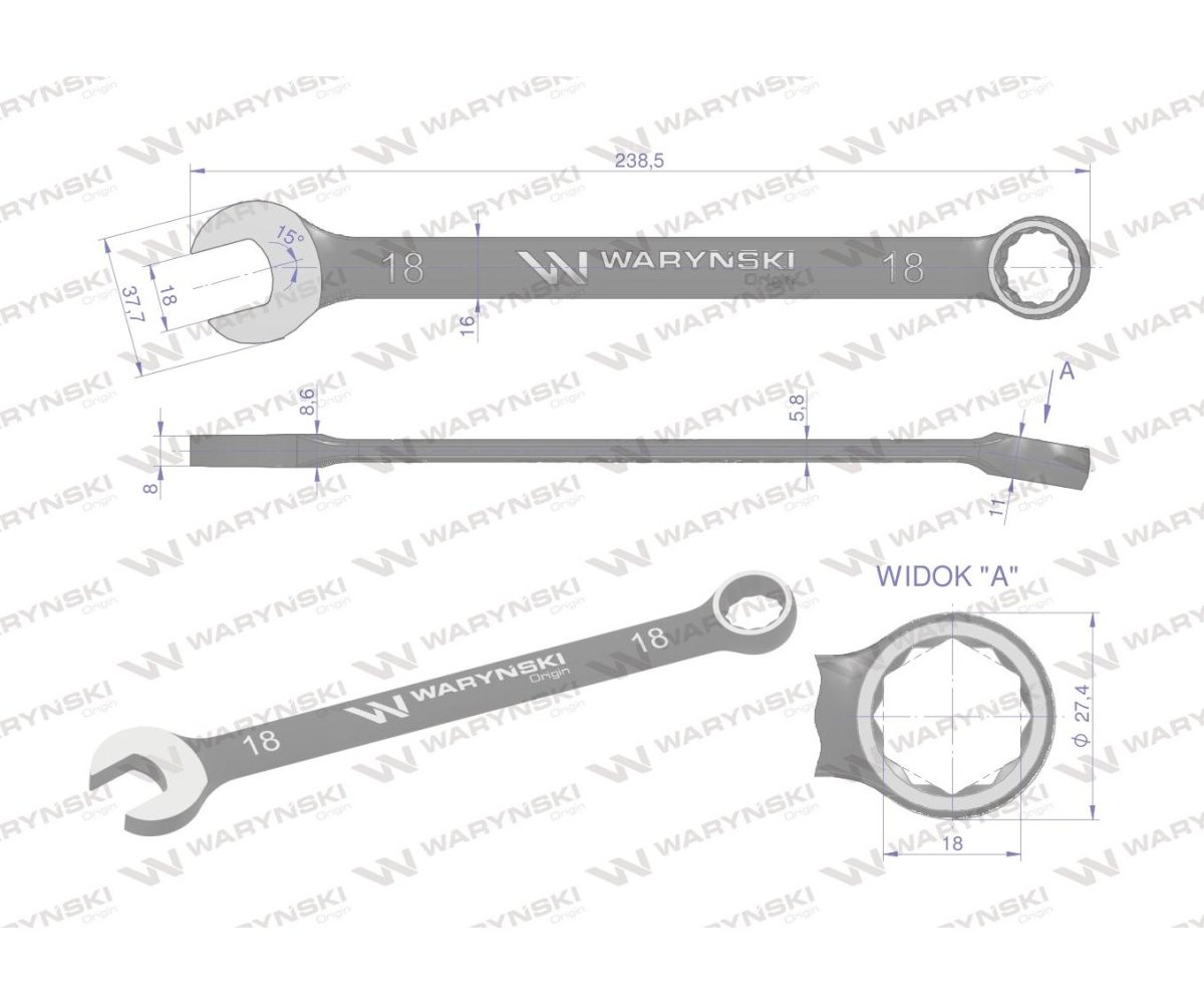 Klucz płasko-oczkowy 18 mm. CrV standard ASME B107-2010 Waryński