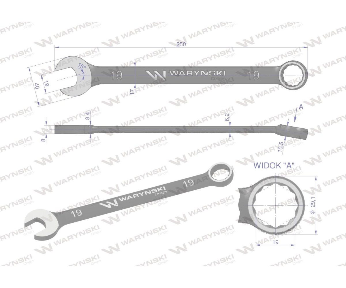 Klucz płasko-oczkowy 19 mm. CrV standard ASME B107-2010 Waryński