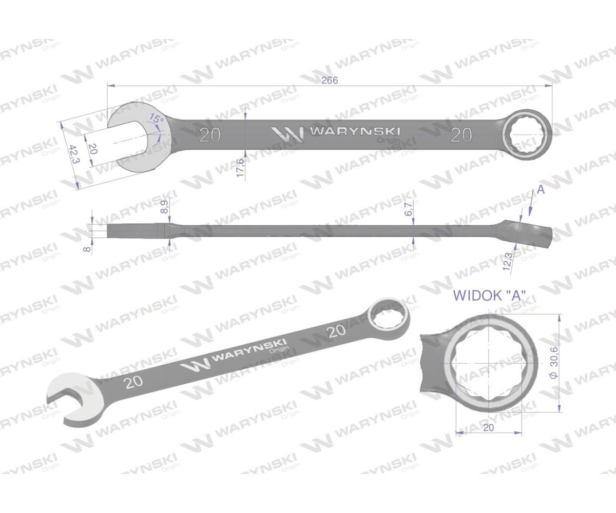 Klucz płasko-oczkowy 20 mm CrV standard ASME B107-2010 Waryński