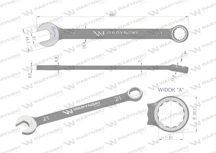 Klucz płasko-oczkowy 21 mm. CrV standard ASME B107-2010 Waryński