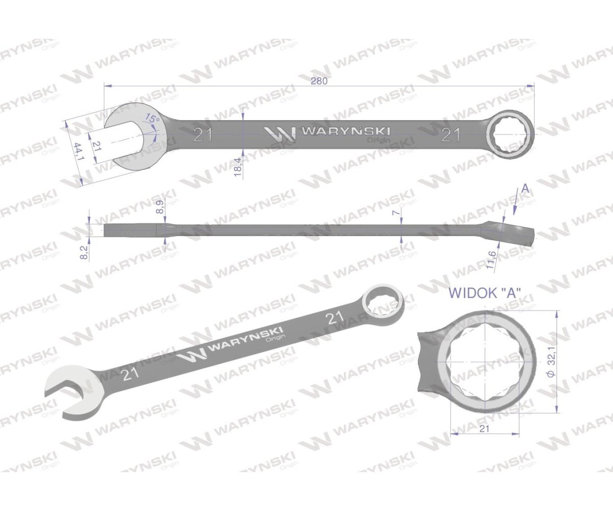 Klucz płasko-oczkowy 21 mm. CrV standard ASME B107-2010 Waryński