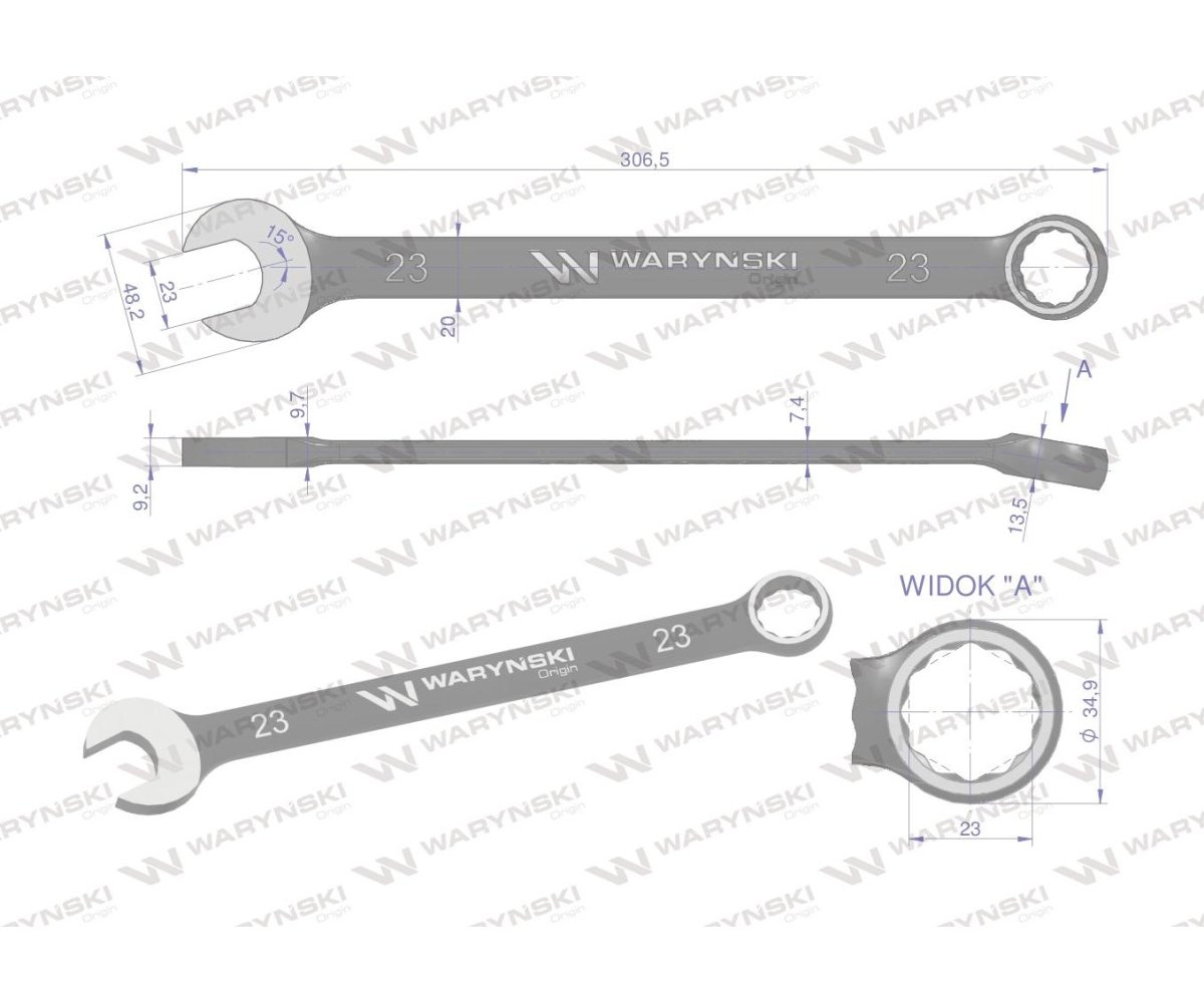 Klucz płasko-oczkowy 23 mm. CrV standard ASME B107-2010 Waryński