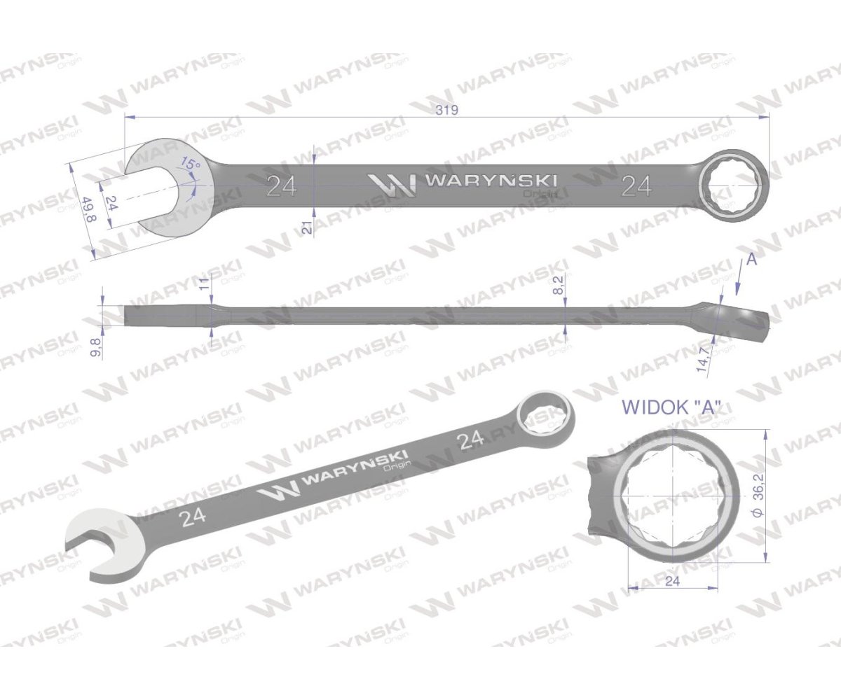 Klucz płasko-oczkowy 24 mm. CrV standard ASME B107-2010 Waryński