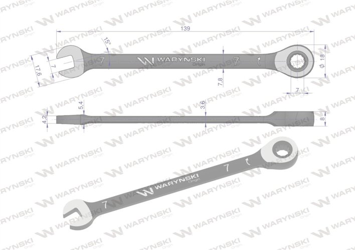 Klucz płasko-oczkowy 7 mm z grzechotką 72 zęby standard ASME B107-2010 Waryński