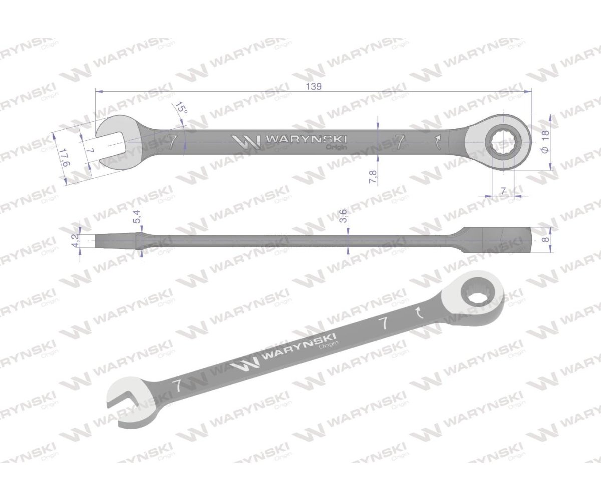 Klucz płasko-oczkowy 7 mm z grzechotką 72 zęby standard ASME B107-2010 Waryński
