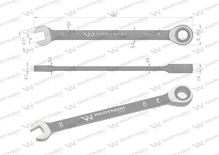 Klucz płasko-oczkowy 8 mm z grzechotką 72 zęby standard ASME B107-2010 Waryński