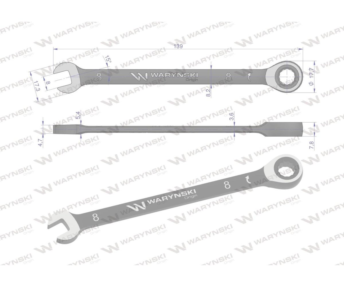 Klucz płasko-oczkowy 8 mm z grzechotką 72 zęby standard ASME B107-2010 Waryński