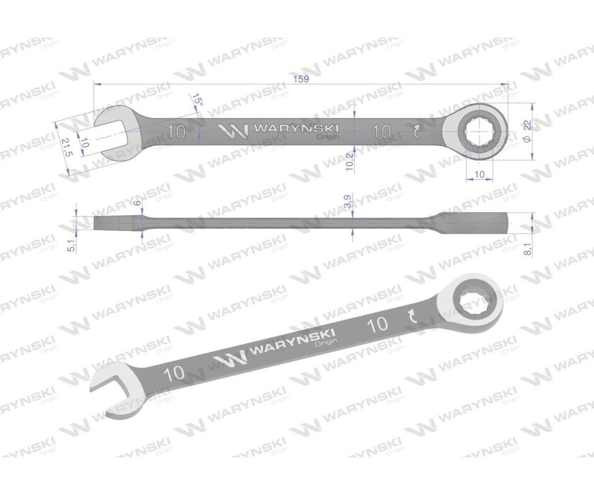 Klucz płasko-oczkowy 10 mm z grzechotką 72 zęby standard ASME B107-2010 Waryński