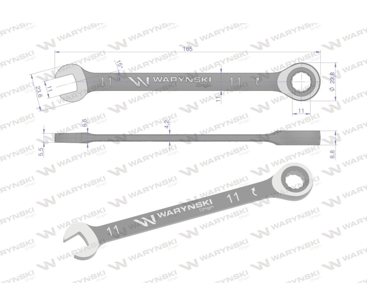 Klucz płasko-oczkowy 11 mm z grzechotką 72 zęby standard ASME B107-2010 Waryński