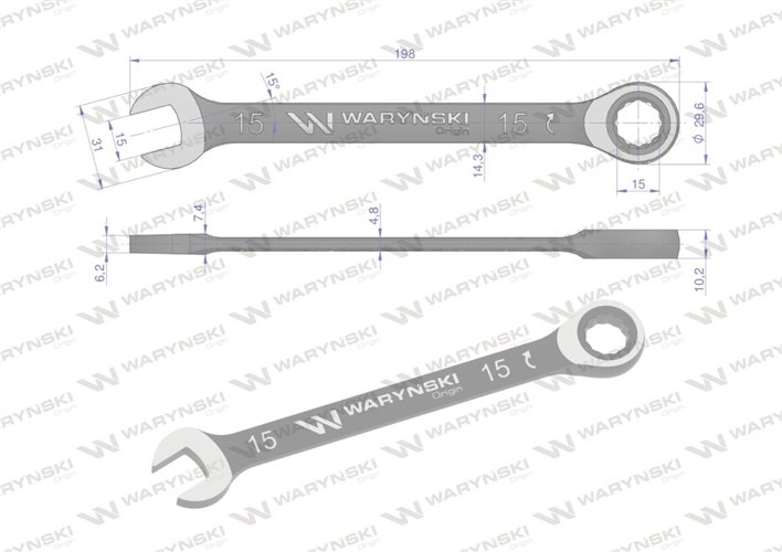 Klucz płasko-oczkowy 15 mm z grzechotką 72 zęby standard ASME B107-2010 Waryński
