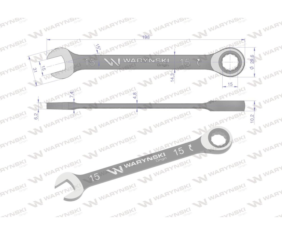 Klucz płasko-oczkowy 15 mm z grzechotką 72 zęby standard ASME B107-2010 Waryński