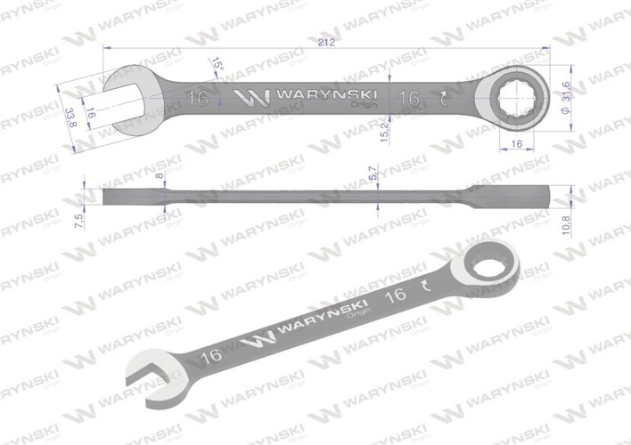 Klucz płasko-oczkowy 16 mm z grzechotką 72 zęby standard ASME B107-2010 Waryński