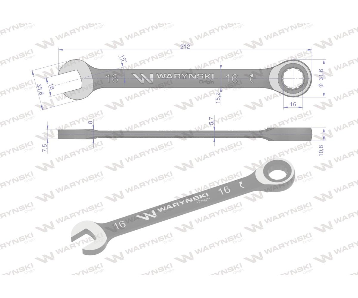 Klucz płasko-oczkowy 16 mm z grzechotką 72 zęby standard ASME B107-2010 Waryński