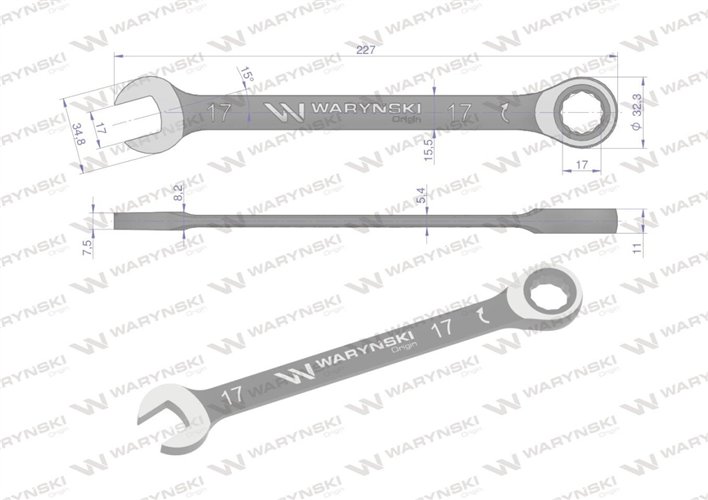 Klucz płasko-oczkowy 17 mm z grzechotką 72 zęby standard ASME B107-2010 Waryński