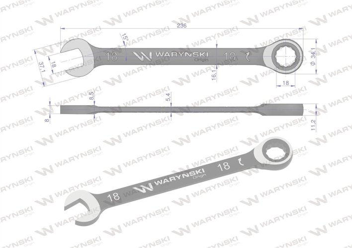 Klucz płasko-oczkowy 18 mm z grzechotką 72 zęby standard ASME B107-2010 Waryński