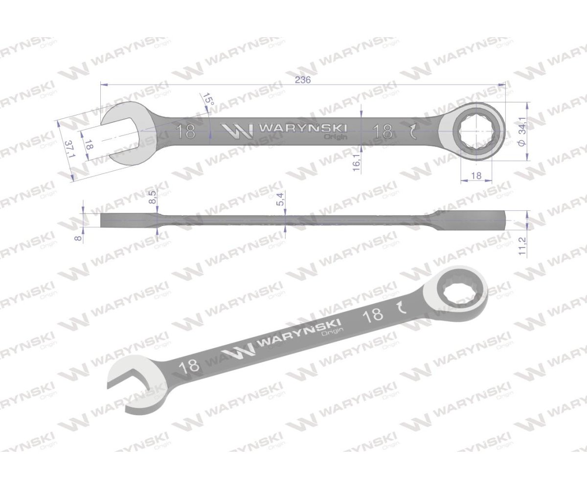 Klucz płasko-oczkowy 18 mm z grzechotką 72 zęby standard ASME B107-2010 Waryński