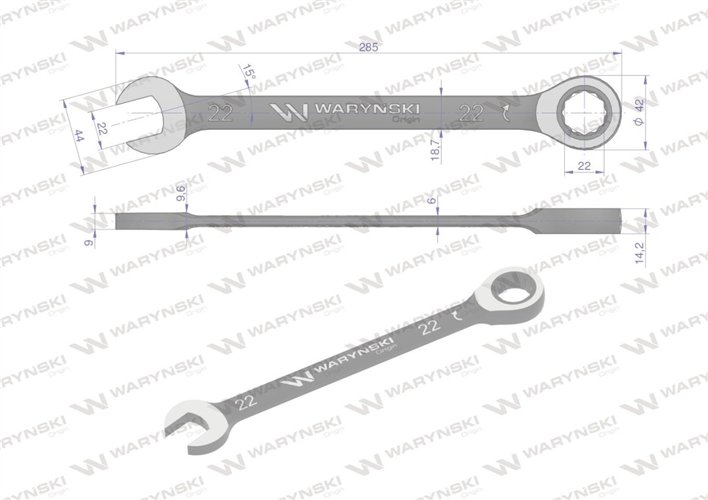 Klucz płasko-oczkowy 22 mm z grzechotką 72 zęby standard ASME B107-2010 Waryński