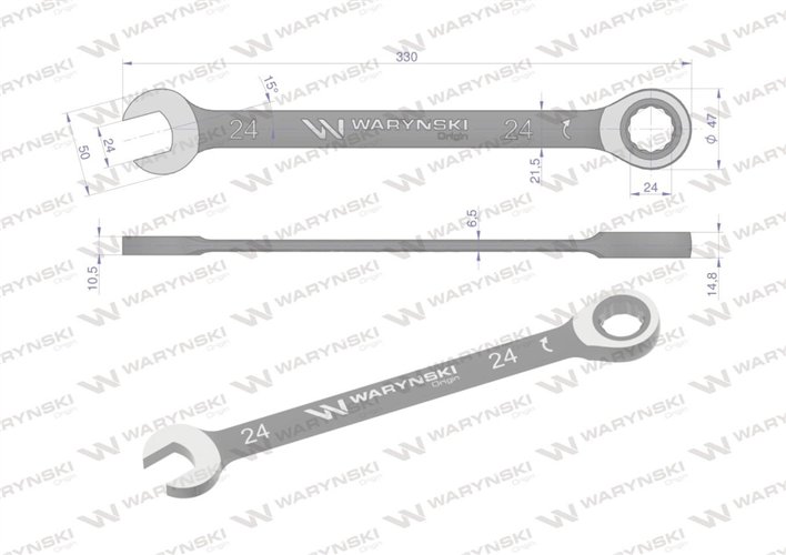 Klucz płasko-oczkowy 24 mm z grzechotką 72 zęby standard ASME B107-2010 Waryński