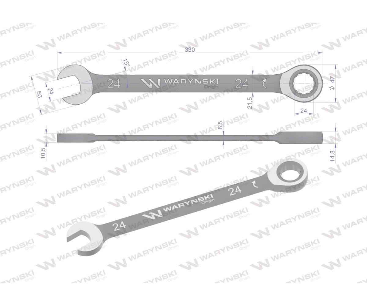 Klucz płasko-oczkowy 24 mm z grzechotką 72 zęby standard ASME B107-2010 Waryński